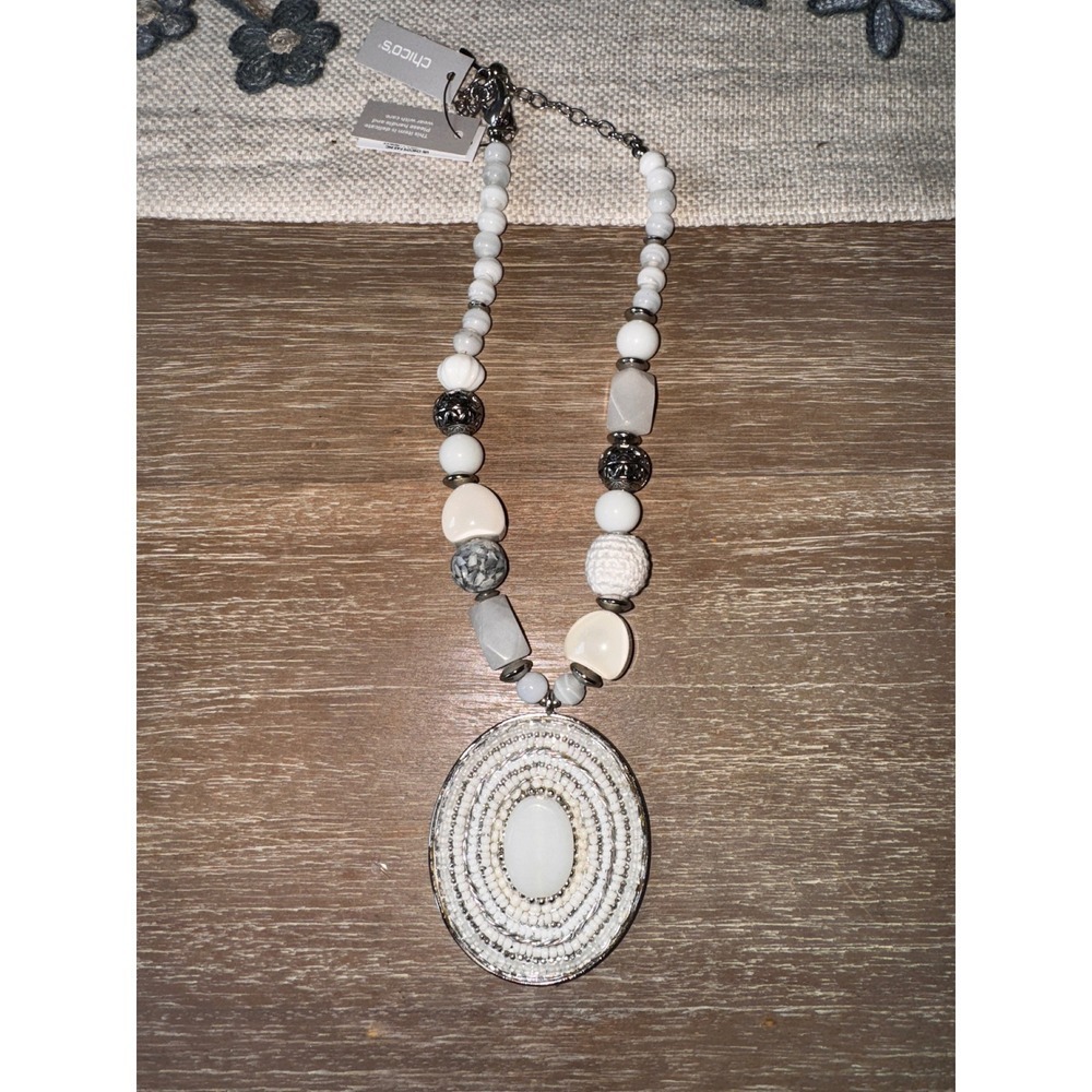 Chicos White Beaded Necklace with Oval Pendant Statement Jewelry
